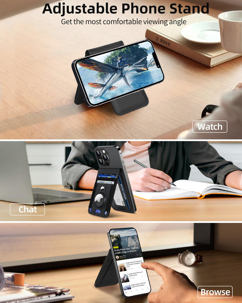 For Magsafe Wallet Stand with Airtag Holder, Strongest Magnetic Wallet for iPhone 15/14/13/12 Series, ID Window, 4 Card Slots, 10 Cards Holder, Vegan Leather, RFID Blocking, Black