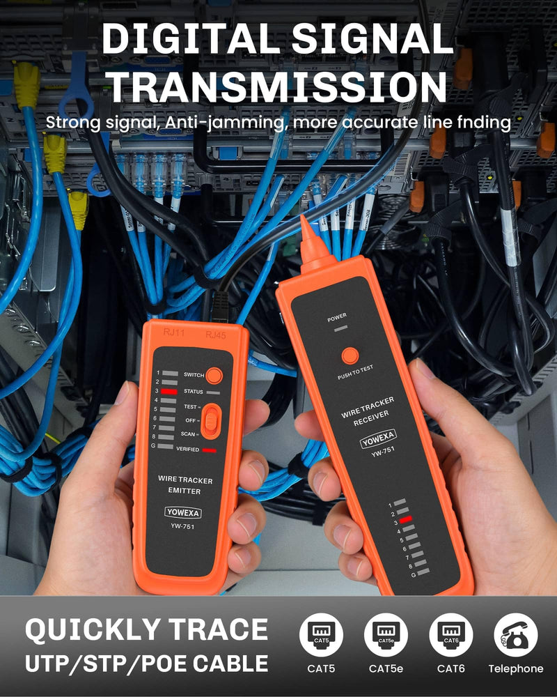 Ethernet Tester and Tracer for CAT5/CAT5E/CAT6/CAT6A/CAT7/UTP&STP | RJ45/RJ11, Digital Signal, Network Cable Verification, Polarity & Continuity Tester, Adjustable Sensitivity, Headphone Jack