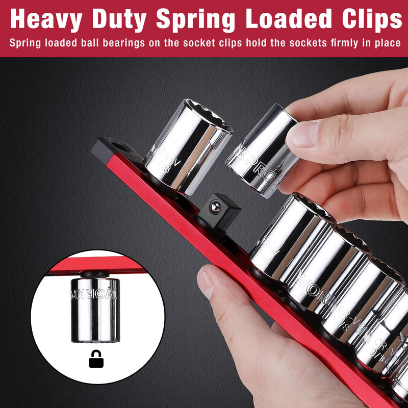 WORKPRO Magnetic Socket Organizer Set, 3-Piece Aluminum Alloy Socket Rail, Heavy Duty Socket Holder, Socket Rack Kit 1/4-Inch x 12 Clips, 3/8-Inch x 10 Clips, 1/2-Inch x 10 Clips (Red) 3 Pieces-1/4", 3/8", & 1/2" DR Red