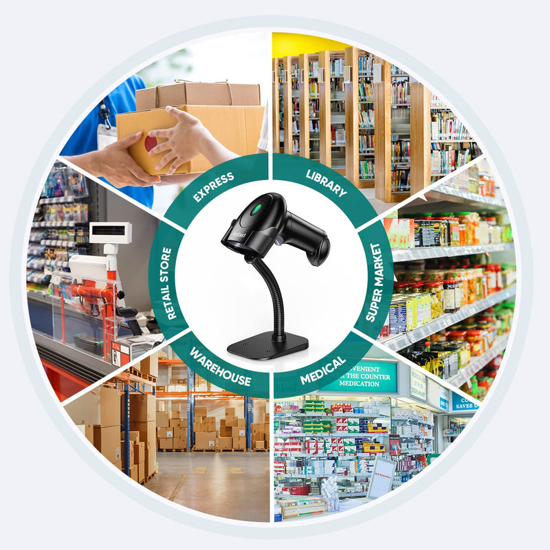 Barcode Scanner with Stand, Bluetooth and Wireless Barcode Scanner, Inventory 2D 1D QR Code Scanners for Computer POS, Handheld CMOS Image Bar Code Reader for Warehouse Library Supermarket Gray