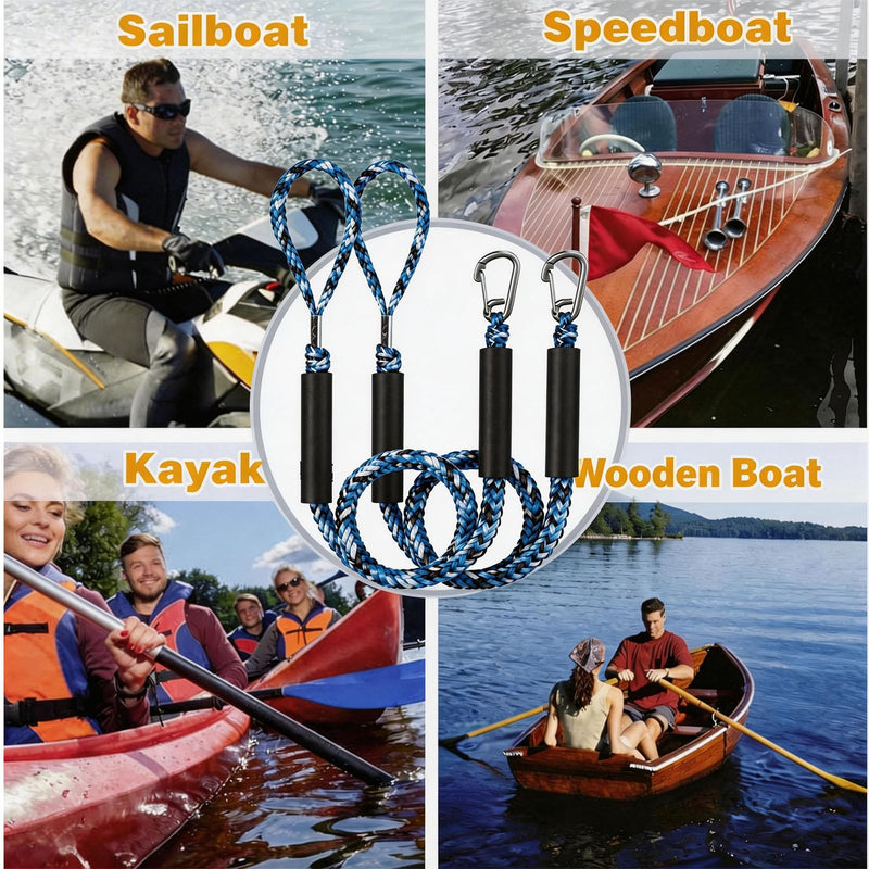 Blue Bungee Dock Lines for Boats 4.3 FT 2 Pack, Marine Grade Shock Absorbing Boat Dock Lines with 316 Stainless Steel Clips, Heavy Duty Mooring Rope for Jet Ski, PWC, Pontoon, Kayak, Yacht Accessories Blue