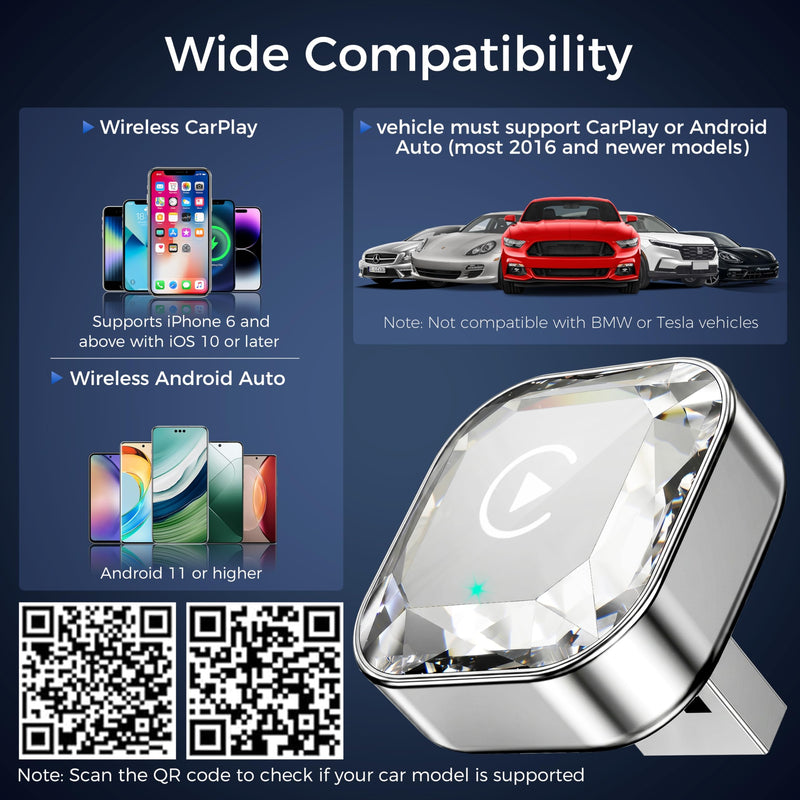 2-in-1 Wireless CarPlay& Android Auto Adapter | Easy Setup, Quick Heat Dissipation, Supports 1000+ Cars with Built-in Wired Car Play/Android Auto, Diamond Distinctive Design