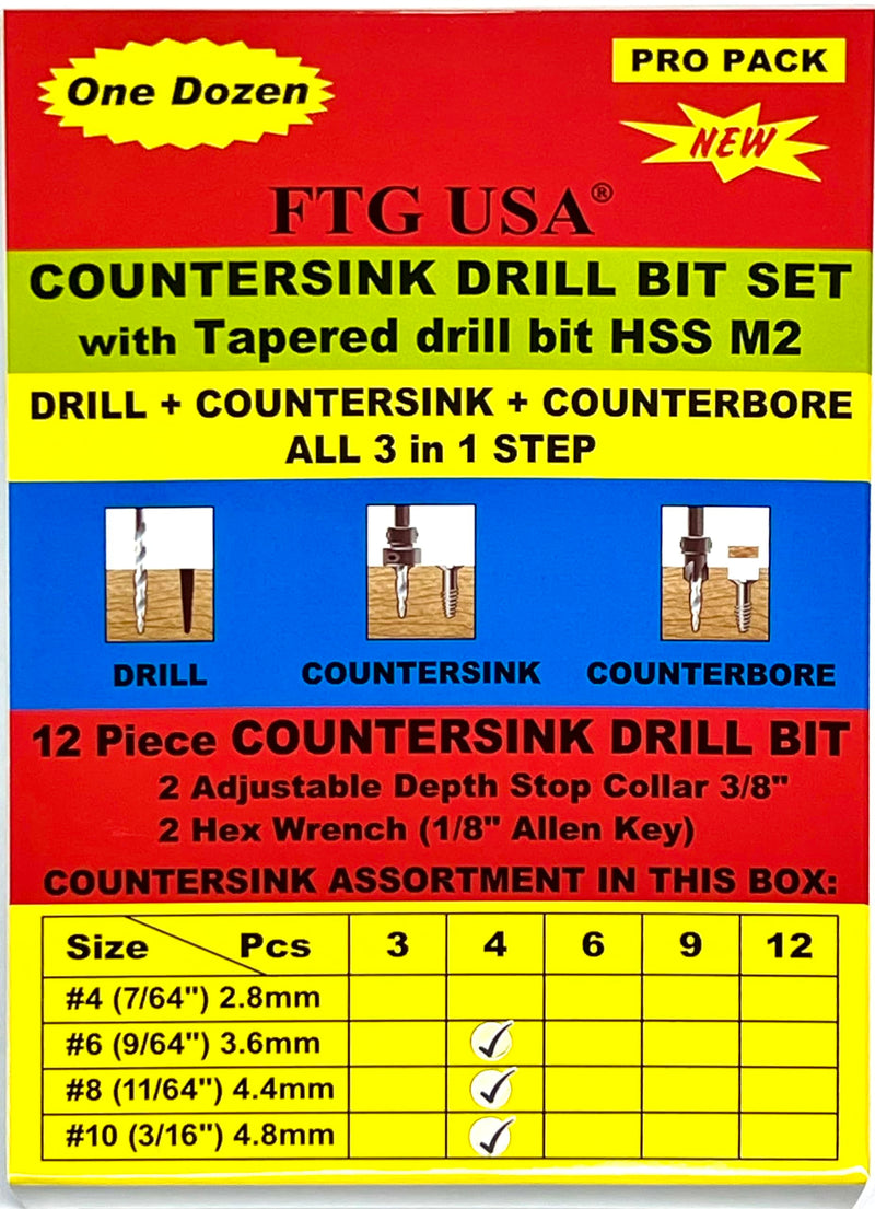 FTG USA Countersink Drill Bit Set 4 Pc #6(9/64"), 4 Pc #8(11/64"), 4Pc #10(3/16") with Tapered Drill Bits for Woodwork with Storage Container #6#8#10 4 Pc with Depth Stop