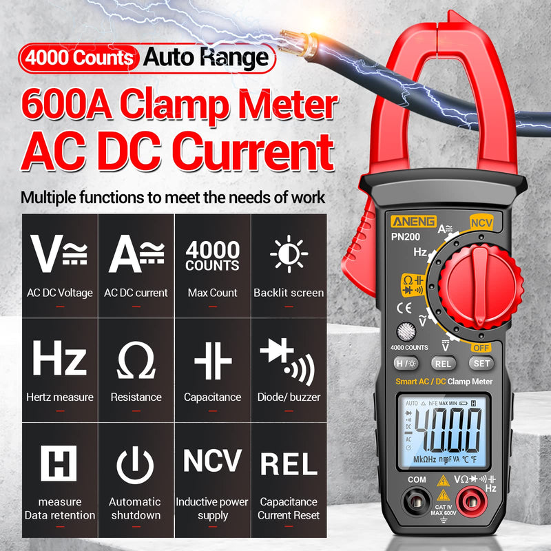 ANENG Digital Clamp Meter Multimeter Tester with AC/DC Current,Voltage, NCV Amp Ohm Volt 4000 Counts Meter Measures Capacitance, Resistance, Diodes, Continuity Frequency Backlight Electrican Tools 4000 Counts AC/DC Current
