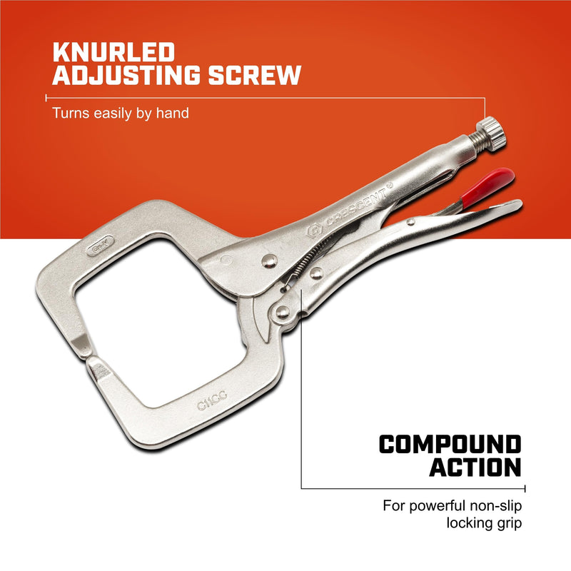 Crescent Locking C-Clamp - Heavy-Duty, Adjustable Metal Clamp with Compound Action & Hex Key Receiver - C11CCVN - 11", Red C11CCVNs