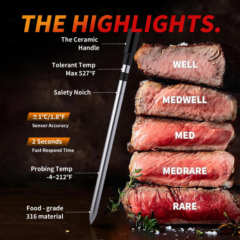 Meat Thermometer Digital Wireless, 800FT Long Range Bluetooth Cooking Thermometer, Food Thermometer for Remote Monitoring of Grill, Oven, Smoker, Air Fryer, Rotisserie, iOS & Android App Grey