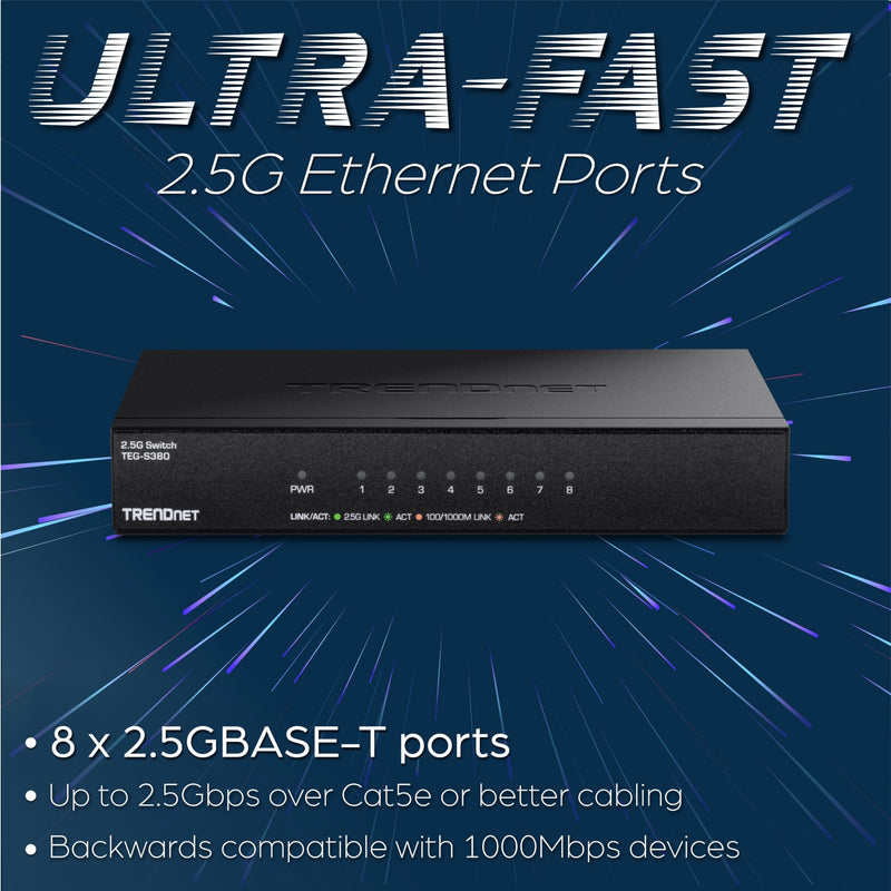 TRENDnet 8-Port 2.5Gb Multi-Gigabit Unmanaged Gaming Switch, TEG-S380, 8 x 2.5GBASE-T Ports, 25Gbps Switching Capacity, Ethernet Splitter, NDAA & TAA Compliant, Fanless, Lifetime Protection, Black 8 Port 2.5 Gigabit