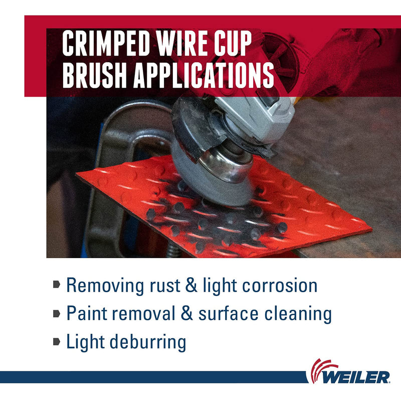 Weiler 14026 4" Crimped Wire Cup Brush, .014" Steel Fill, 5/8"-11 UNC NUT, Made in the USA 4" Dia .014" Wire Size x 1-3/8" Trim Length