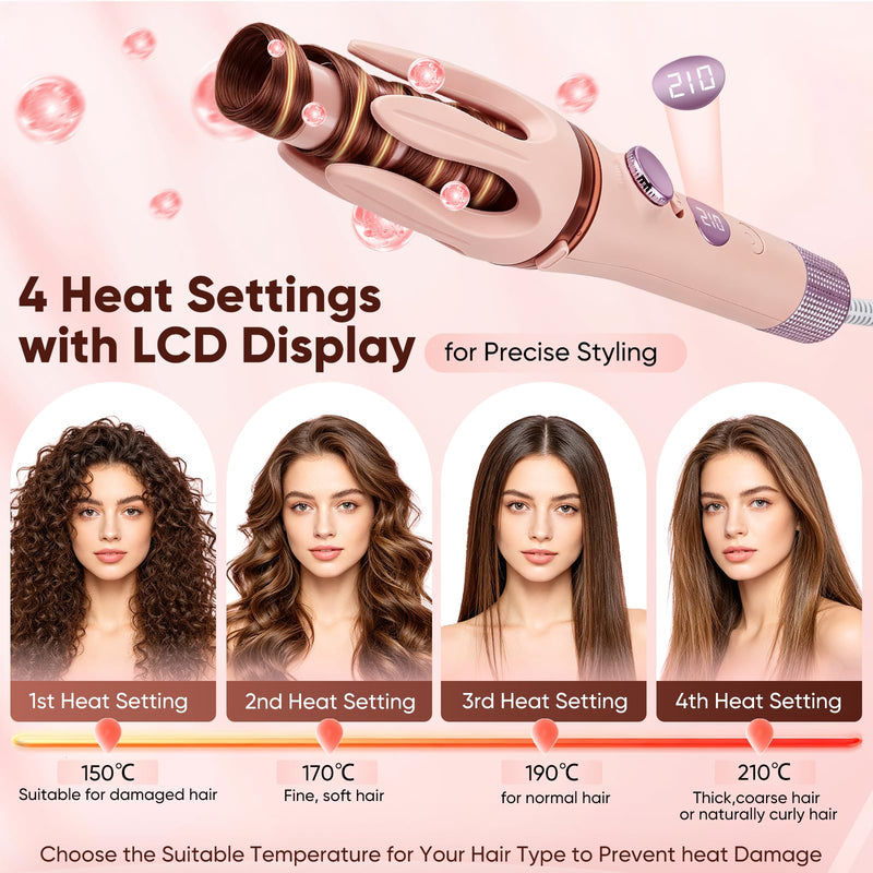 3-in-1 Negative Ions Automatic Curling Wand, Rotating Hair Curler with Straightener Brush, Ceramic Coating Anti-Scald Auto Shut-Off, Four Temperature for Hair Styling, 28mm & 32mm Barrels, 150°C-210°C