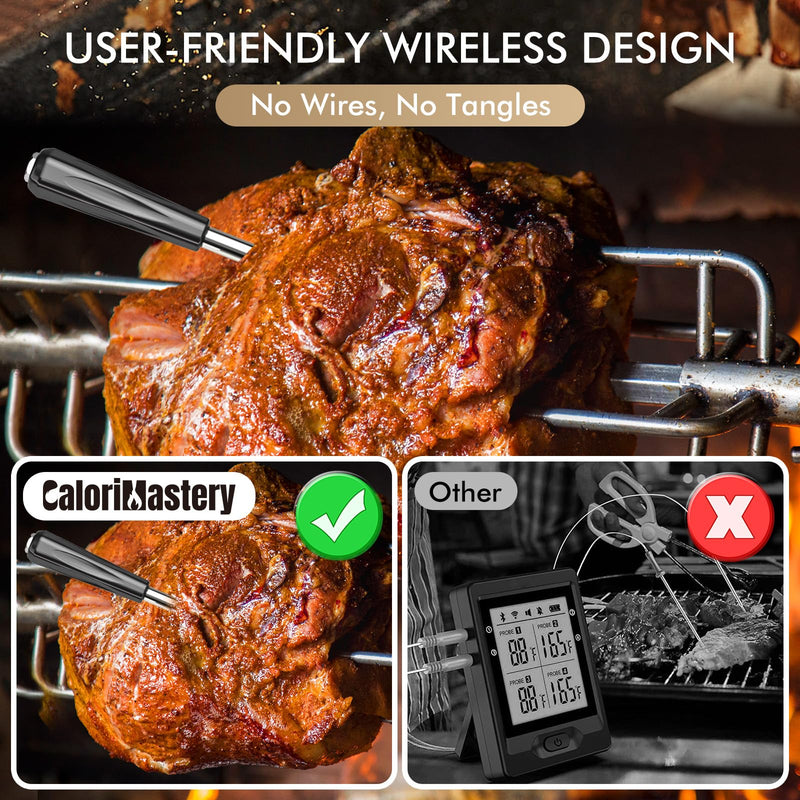 Wireless Meat Thermometer: 500FT Bluetooth Smart Meat Thermometer for Cooking and Grilling, CaloriMastery Digital Food Thermometer with Ultra-Thin Probe for Oven Safe, Kitchen, Smoker, BBQ Black