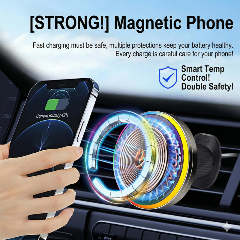 Wireless Car Charger with Semiconductor Cooling, Magnetic Phone Mount for iPhone 17/16/15/14/13 Series, 15W Fast Charging Car Holder with RGB Ambient Light, Auto-Aligning Vent Clip Mount