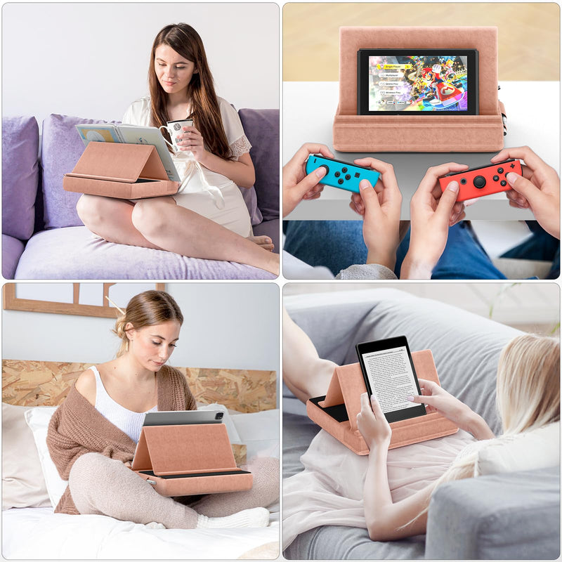 KDD Tablet Pillow Stand, Multi-Angle Viewing Ipad Holder for Lap, Bed and Desk, Foldable Soft Pad Dock with Stylus Mount Compatible with Ipad Pro 12.9, 10.5, 11, Air, Mini, Phones, Books, E-Reader Peach Fuzz