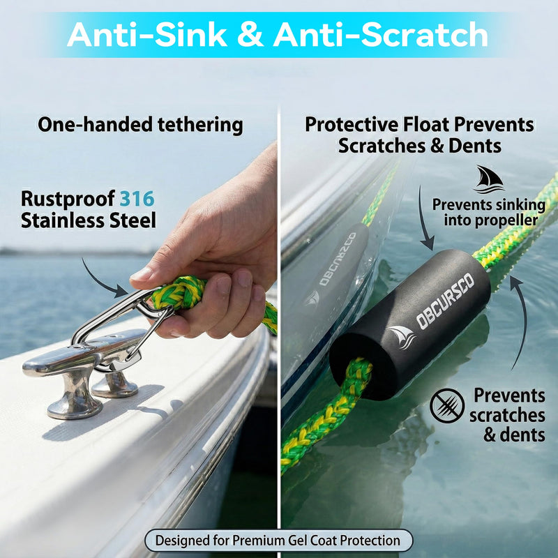 Obcursco Bungee Dock Lines - Jet Ski Rope with Double 316 Stainless Steel Clips - Shock Absorbing Boat Snubber for PWC, SeaDoo, Waverunner, Pontoon, Bass Boat (5ft, 2 Pack, Green) Yellow/Green 5-7ft