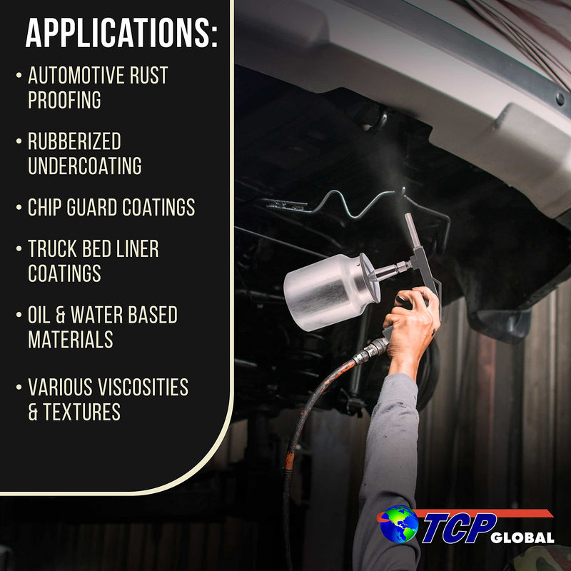 TCP Global Air Undercoating Spray Gun with Suction Feed Cup - Apply Sprayable Truck Bed Liner Coating, Rubberized Undercoat, Rust Proofing, Chip Guard Paint - Pneumatic Automotive Application Sprayer