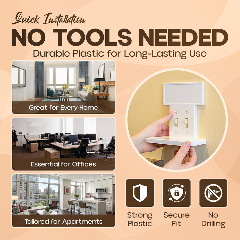 Double Light Switch Cover Shelf. Organizer, Shelf Holds 10 lbs. Wall Organizer. Outlet Cover for Bathroom or Any Room, Holds Echo, Electric Tooth Brushes and Speakers.