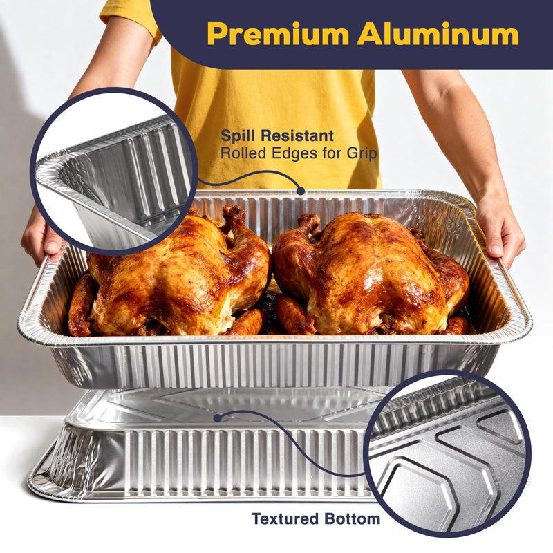 Fit Meal Prep 5 Pack Full Size Aluminum Foil Pans 21"x13", Heavy Duty Large Disposable Roasting Pans for Cooking, Serving, Freezing, Baking Pan Trays for Catering, Meal Prep, and Food Storage