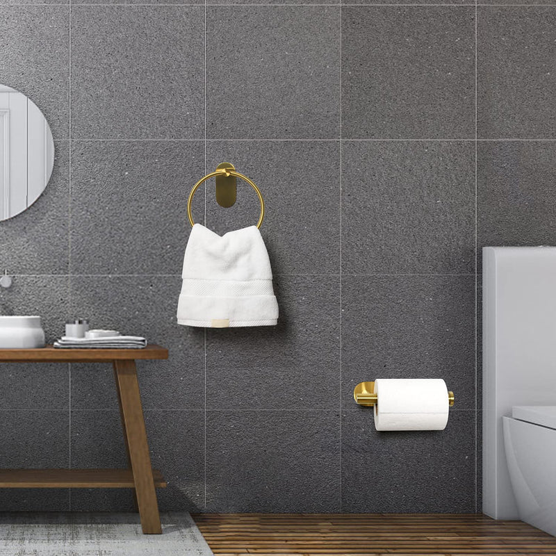 HouseAid Self Adhesive Towel Ring and Toilet Paper Holder Set, Stainless Steel No Drilling Hand Towel Holder Kit for Bathroom, Brushed Gold (2 Pieces)
