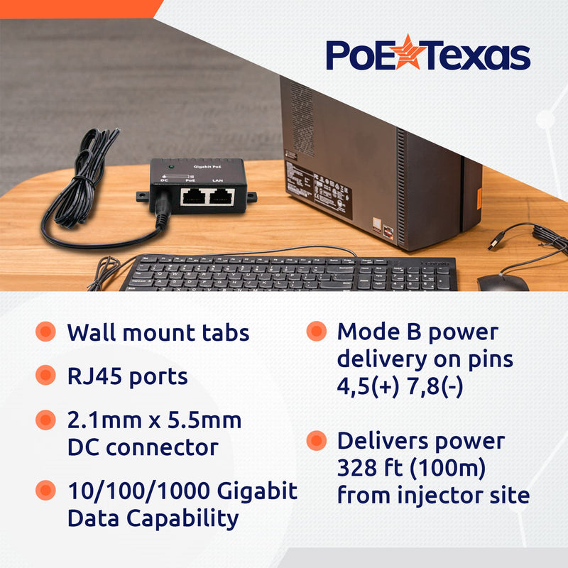 Poe Texas PoE Injector - Single Port Power Over Ethernet Passive PoE Adapter - 10/100/1000 Gigabit Data - Includes 48V 15W Power Supply - Wall Mounting Plug & Play for Home Office, VoIP Phone, WiFi AP