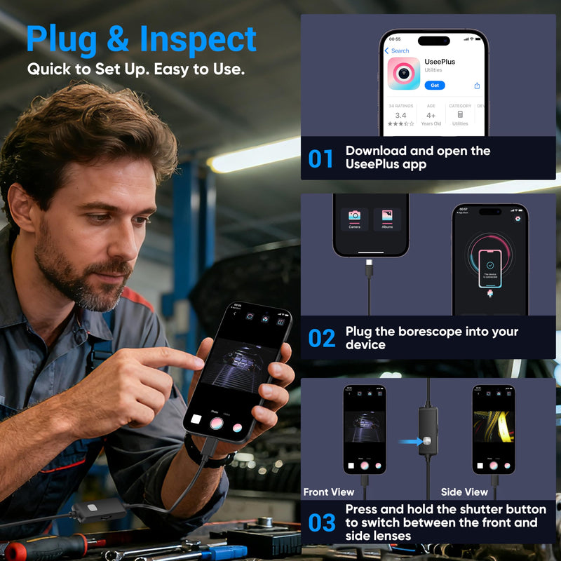 [Dual-Lens] Endoscope Camera with Light,1920P HD Borescope with 8+1 Adjustable LED Lights, IP67 Waterproof Endoscope with Semi-Rigid Snake Cable, Inspection Borescope for iOS and Android-16.4ft 16.4 ft