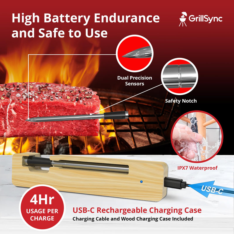 Grill Sync Digital Meat Thermometer Digital Wireless Dual Sensor Bluetooth BBQ Thermometer for Grill, Cooking Smoking, Oven Waterproof Meat Probe with USB-C Charging Case, App-Controlled, 165FT Range