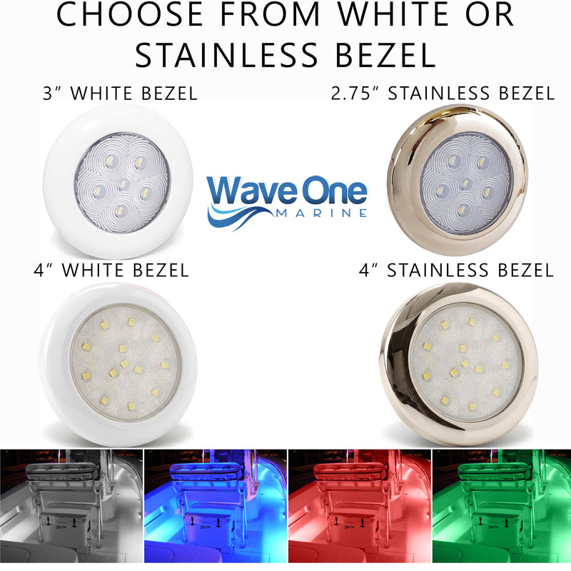 Wave One Marine SURFACE Mount 2.75" RGBW Internal Driver LED Courtesy Boat Light | RV Accent | Interior Exterior Deck Transom Cockpit T Top | Waterproof IP68 (Stainless Bezel) Stainless Bezel (2.75")
