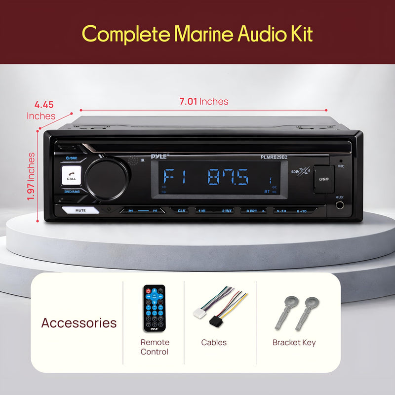 Pyle Marine Bluetooth Stereo Radio - 12v Single DIN Style Boat In dash Radio Receiver System with Built-in Mic, Digital LCD, RCA, MP3, USB, AM FM Radio - Remote Control - PLMRB29B (Black) Black