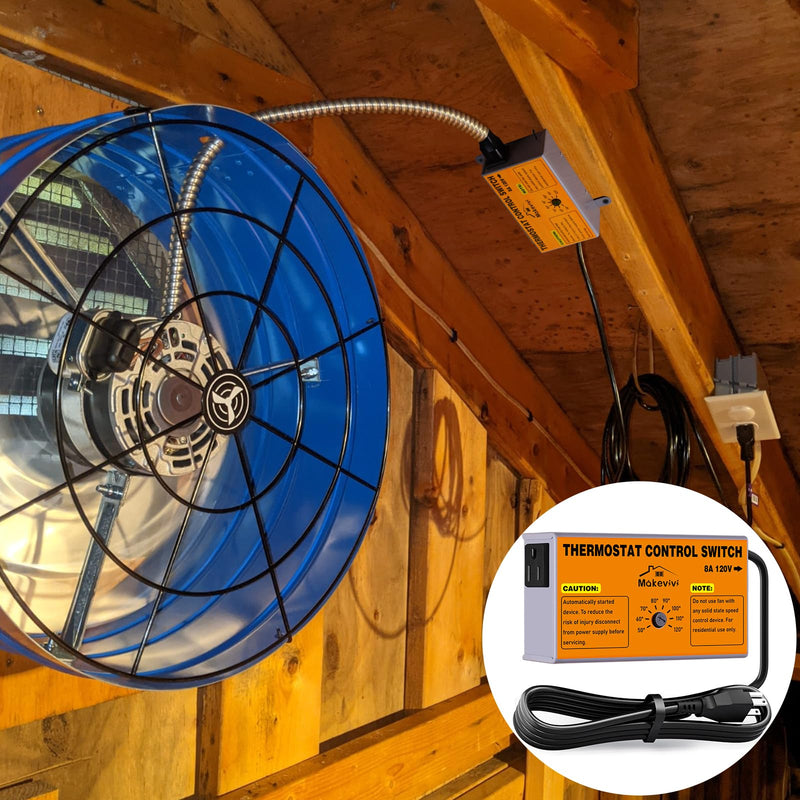 Attic Fan Thermostat-Control, Adjustable Thermostat with Overload Protector, Temperature Controlled Attic Fan, with Socket Easy to Install, Exhaust Fan Temperature Controller for Workshop, Greenhouse [Socket] 5FT