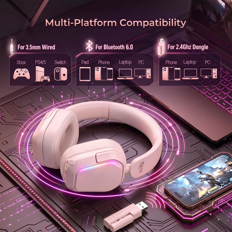 RK ROYAL KLUDGE HG101 V2 Wireless Gaming Headset for Xbox/PS5/NS/PC, Pink | Bluetooth 6.0/2.4Ghz/Wired Headphones, 7.1 Surround Sound, RGB, 40mm Dynamic Driver, Memory Foam Cushions, Retract Mic, Pink