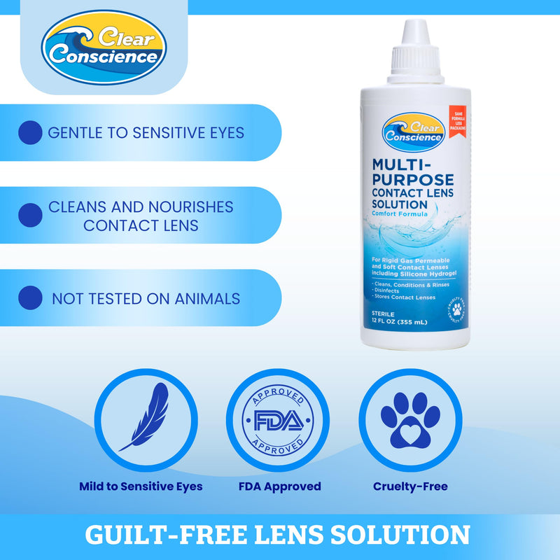 Cruelty-Free Contact Lens Solution 12oz - Multi Purpose Contact Solution & Contact Lens Cleaner - Eye Contact Solution, Sterile Isotonic Contact Lenses Solution by Clear Conscience 12 Fl Oz 1