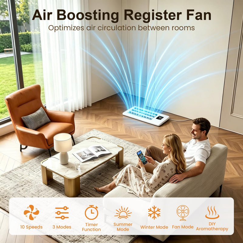 Smart Register Booster Fan for 4" x 10" Vent Holes - 10-Speed Quiet Vent Booster Fan with Thermostat & Remote Control, Improves Heating/Cooling, Manual Adjustable Louver, for Floor Wall Ceiling White