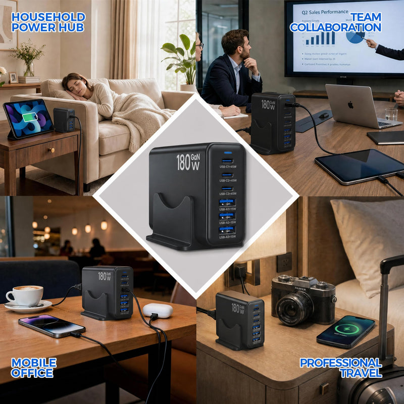 180W GaN USB-C Charging Station, 6-Port Desktop Charger | 180W GaN, 3x45W USB-C + 3x15W USB-A, charge 6 devices, desk/travel, iPhone iPad Galaxy, USB charging station