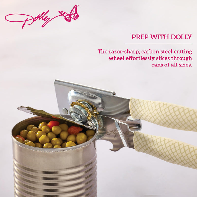 Dolly Parton Compact Can Opener with Crisscross Design – Ergonomic Soft-Grip Handles, Durable High-Carbon Cutting Wheel, Built-In Bottle Opener, 7.5 Inch