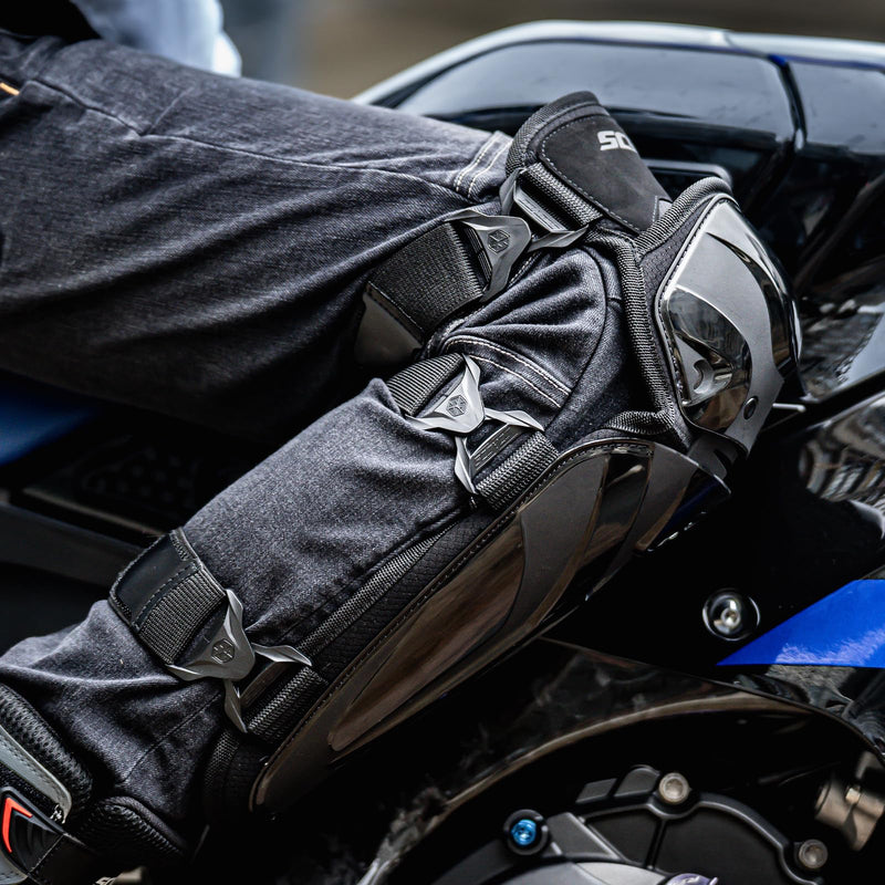 Scoyco 1 Pair Motorcycle Knee Shin Guard Pads Black 3 Sections Adjustable Knee Cap Pads Protector Armor for Motocross Racing Long Leg Sleeve Gear Crashproof