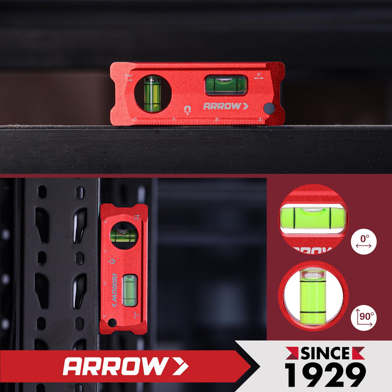 ARROW 4-Inch Torpedo Level, Small Magnetic Leveler Tool with 0°/90° Bubbles, Top-view Window, Aluminium Alloy Frame, Dual SAE and Metric Scales 4 inch