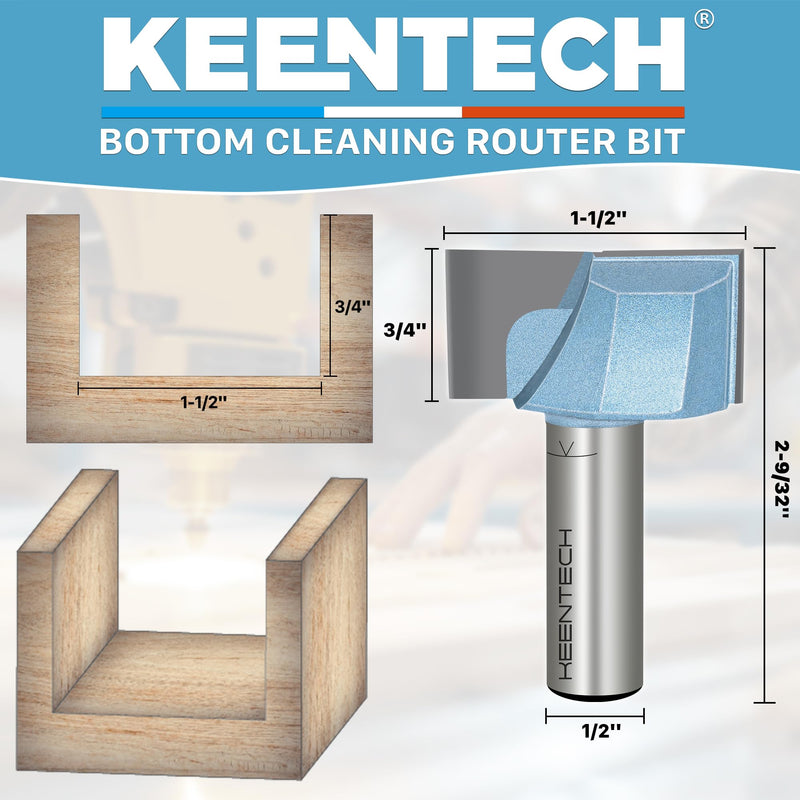 KEENTECH Router Bits, 1/2" Shank, Bottom Cleaning Router Bit, Carbide Tipped Surfacing Bit, CNC Spoilboard Bit, Slab Flattening Industrial Cutting Tools, Woodworking, Planing, 1-1/2" Dia., 3/4" Depth 1/2"(Shank)*1-1/2"(Dia.)*3/4"(Depth) 1/2"(Shank)