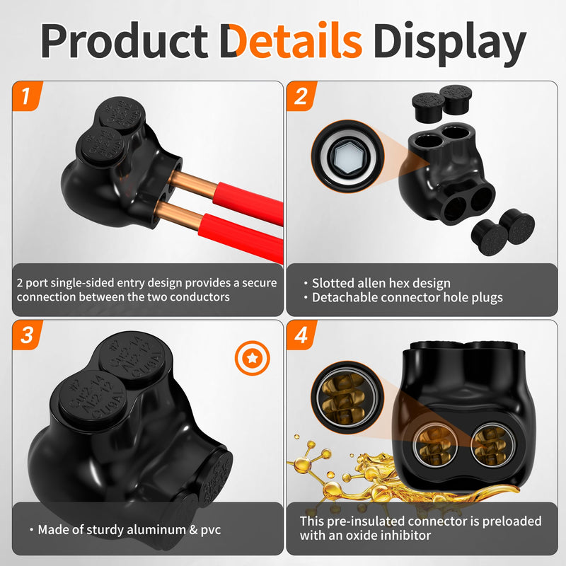 Joinfworld 2 Port Insulated Multi Tap Connector 2-14AWG Aluminum to Copper Wire Connectors Single Side Entry Aluminum Black Electrical Cable Connectors with Slotted Allen Hex - 10 Pack 2-14 AWG(10pcs)