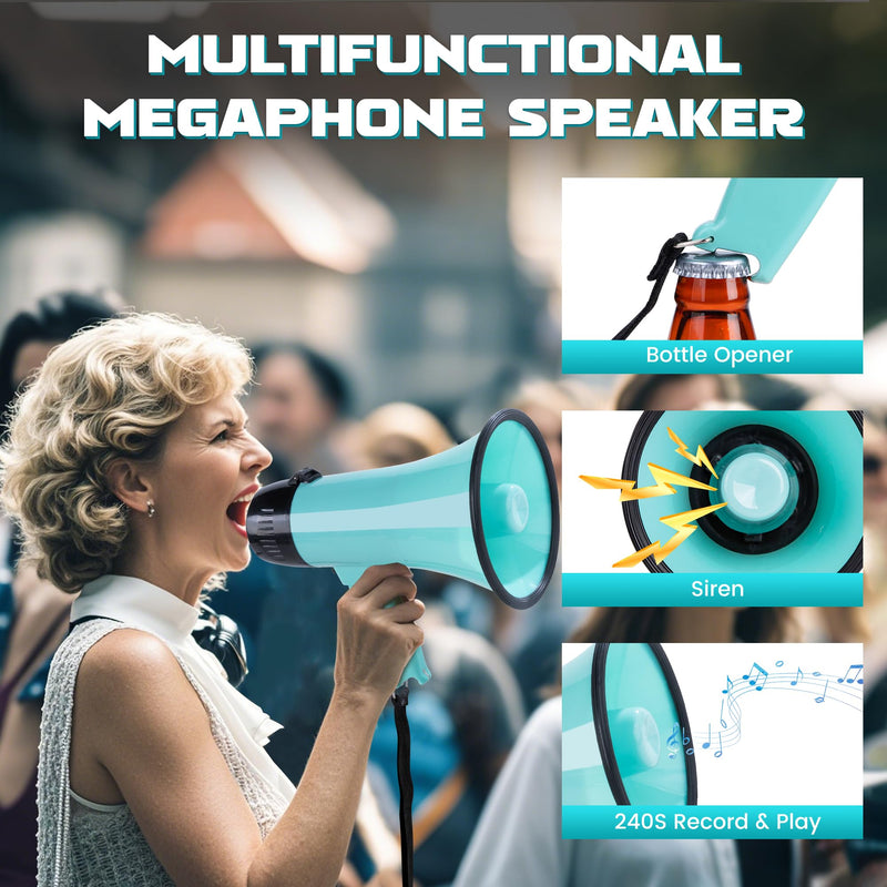 MyMealivos 20W Megaphone Bullhorn, Built in Siren & 240s Recording, 5.4"×8.6" Portable Megaphone with Volume Control Cover Up to 300 feet+ for Indoor and Outdoor Activities A Teal