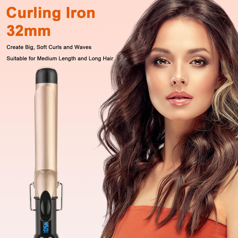 Curling Tongs 32mm for Medium and Long Hair Professional Tourmaline Ceramic Barrel Curler Iron with Clamp Dual Voltage Adjustable Temperature Long-Lasting Results Black