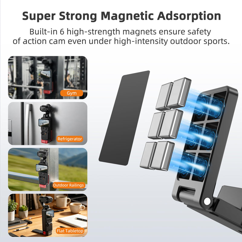 Metal Magnetic Mount Stand for DJI Osmo Pocket 3/4/Xtra Muse (Black) | Quick Release, Base 1/4'' Screw Hole, Aluminum Alloy, 180° Adjustable Handle, for Tripods Accessories Black