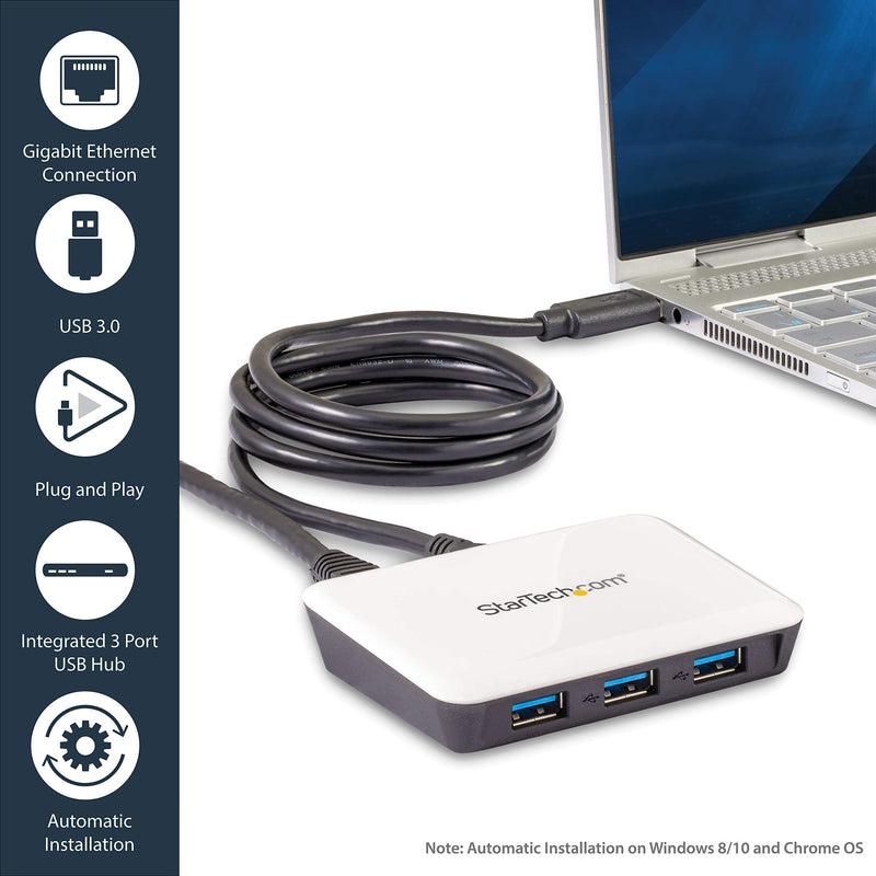 StarTech.com USB 3.0 to Gigabit Ethernet NIC Network Adapter with 3 Port Hub - White - USB 3 Ethernet Adapter - USB Charging Hub (ST3300U3S) w/ 3 USB Ports