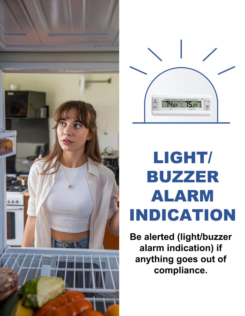 Digital Refrigerator Thermometer 2 Channel Freezer Thermometer with Alarm Sound Reminder Thermometer Fridge with Max/Min Temperature Record Freezer Alarm with Magnetic Back for Home Kitchen Refrigerator Universal Version
