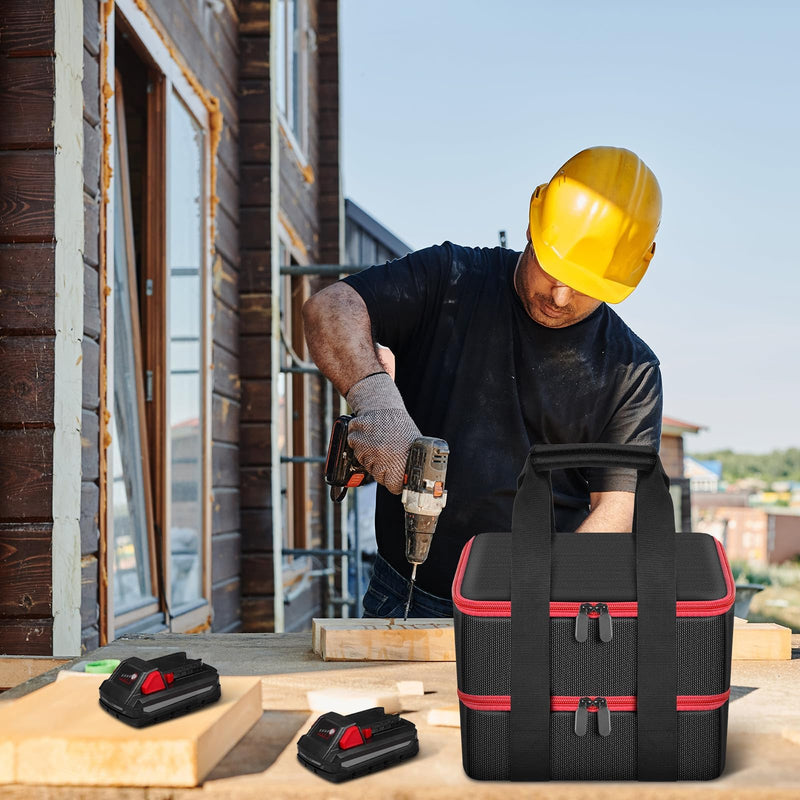 Double-Layer Tool Battery Storage Organizer Case Compatible with Milwaukee M18 M12, for DeWalt 20V & for Makita 18V, Adjustable Dividers for Up to 12 Batteries and Charger Transport (Bag Only, Red)