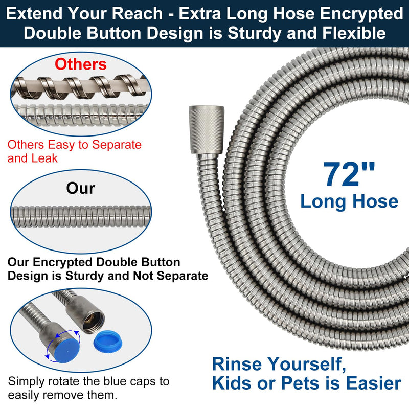 All Metal Shower Head with Handheld - 72" Long Hose, High Pressure Sprayer | Hand HeId Showerhead Spray, Solid Outdoor Showerheads and Brass Holder, Brushed Nickel