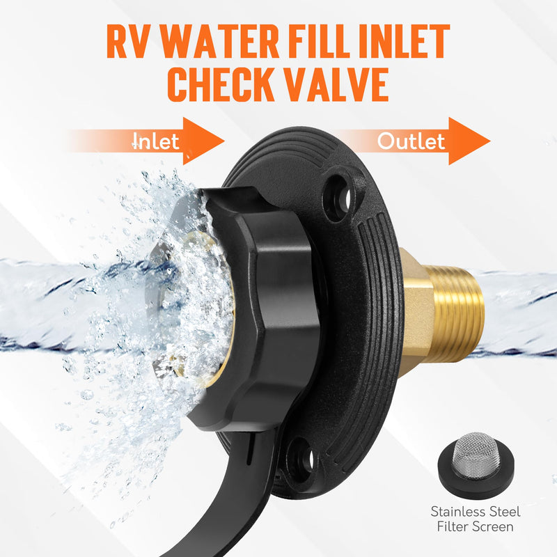 TONDA RV City Water Inlet with Check Valve, Brass Thread RV Water Fill Inlet Replacement, RV Water Hose Connector for Camper, Trailer, Motorhome Black