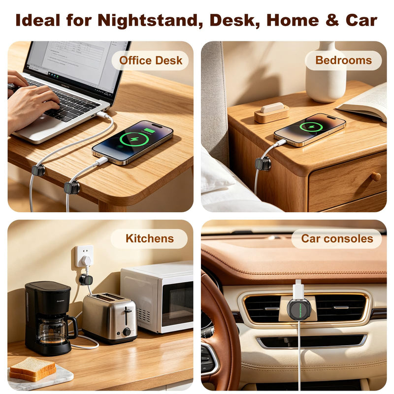 Magnetic Cable Clips 12 Pack, 360° Rotatable Self-Adhesive Cord Holder with One-Hand Open Lid, Cable Management for Nightstand Desk Car Phone Charger