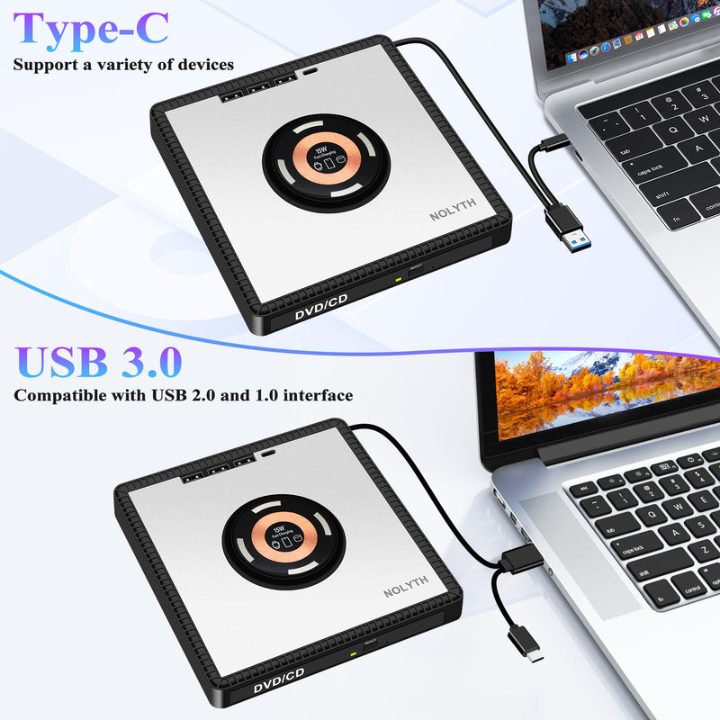 External CD Drive for Laptop: with 15W Wireless Charger Plug & Play | Optical DVD Burner for Apple Mac Linux Windows PC, Portable DVD Player Disc Reader with 3 USB3.0 Ports 1 USB C, 1 TF&SD Port