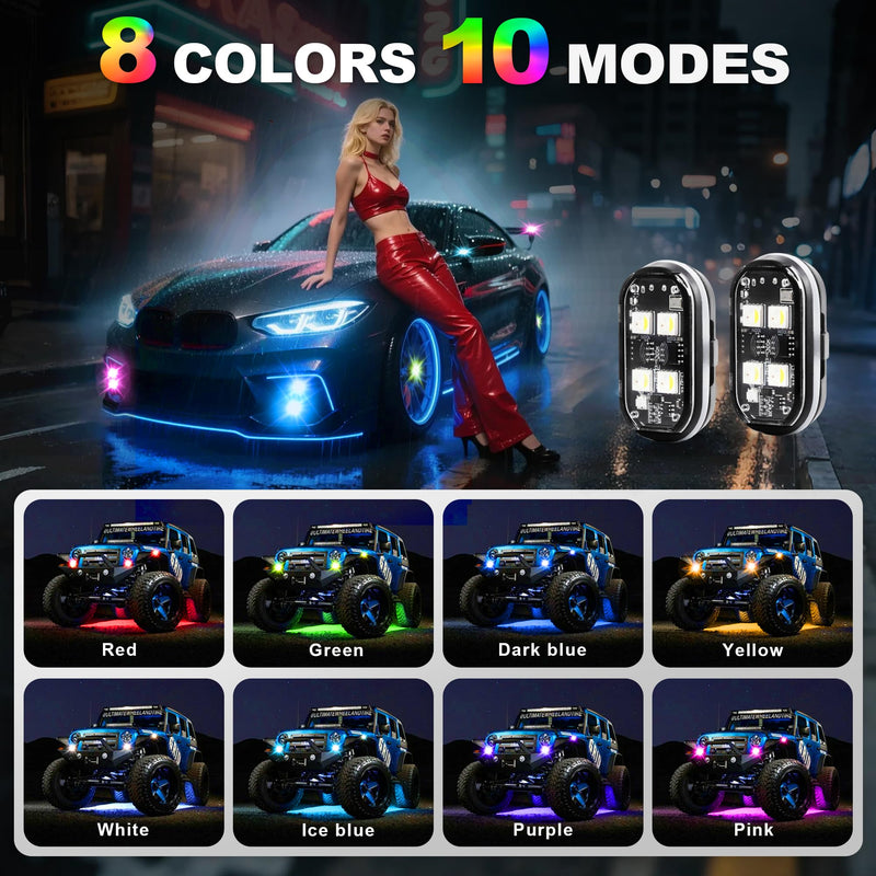 4-LED Wireless LED Strobe Lights with Remote Control, 4PCS High Brightness Wireless led Light 8 Color Waterproof Anti-Collision Warning Lights for Car Motorcycle Drone Truck Bike