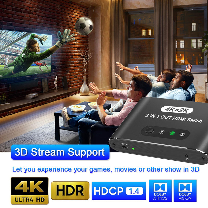 HDMI Switch 3 in 1 Out, 4K@60Hz HDMI Selector with Remote Control, 3 Ports HDMI Switcher, Perfect for Full HD 4K 1080P 3D Video Roku Fire TV Blu-ray Players Stick Apple PS4/PS5 Xbox Chromecast (black) Black