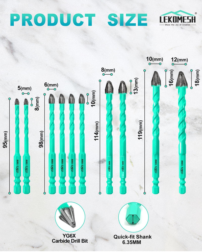 10PCS Carbide Masonry Drill Bit Set, 3/16"–1/2", 4-Cross 9-Edge Tip for No Walking & Precise Drilling, Hex Shank Multi-Material Bits for Tile, Ceramic, Brick, Concrete, Glass, Wood 3/16"*2+1/4"*4+5/16"*2+3/8"+1/2" 10
