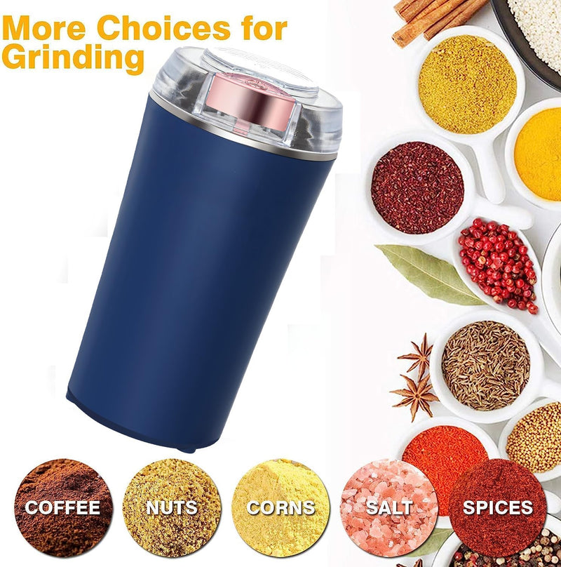Electric Herb Grinder 200W Powerful Fast Grinding for Dry Spices Flower Buds with Brush, Easy On/Off One-Touch Push Button Powder Grinder Perfect For Herbs, Spices, Nuts, Grains and Coffee Beans Blue